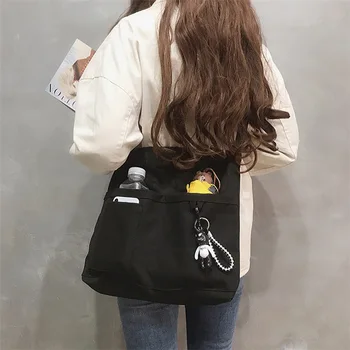 Корейская повседневная холщовая женская сумка, дизайнерские сумки через плечо, женская сумка-тоут большой емкости, однотонная школьная сумка
