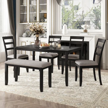 Кухня из 6 предметов, простой деревянный обеденный стол и стул со скамейкой, тканевая подушка для внутренней мебели для гостиной (эспрессо)
