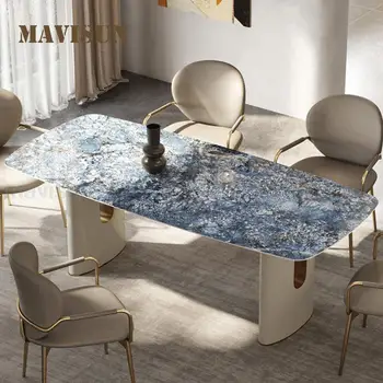Итальянский Прямоугольный обеденный стол со столешницей из синей текстурной каменной панели, Устойчивая рама стола С круглым углом, Роскошные Столовые наборы