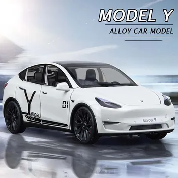 1:24 Tesla Model Y Модель 3 Зарядная груда Легкосплавные автомобили, отлитые под давлением, Игрушечный откидной звук, легкий металлический коллекционный автомобиль