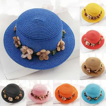 Летняя новинка 2023 года для родителей и детей, женская солнцезащитная шляпа, шляпа, шляпа, бежевый кружевной бант, цветочная лента, соломенная шляпа с плоским верхом, пляжная шляпа