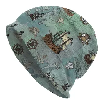 Модные Зимние теплые вязаные шапки Унисекс для взрослых, Пиратская карта, Морской принт, черепа, шапочки с черепом, шляпки-капоры моряка