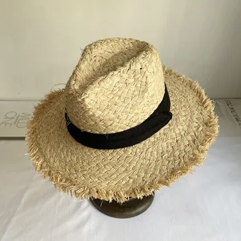Женская шляпа с широкими полями Панама из рафии С лентой Летняя Солнцезащитная шляпа Кентукки Дерби Пляжная шляпа для девочек