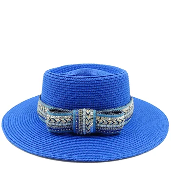 Пляжная шляпа Treasure Blue Bow Солнцезащитная шляпа Весенняя соломенная шляпа Новый продукт Мужская и женская шляпа Летняя соломенная шляпа с плоским верхом