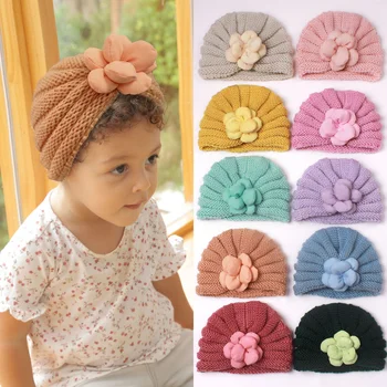 Осенне-зимняя новая детская шапочка, милая детская вязаная шапка с объемным цветком, теплая шапка для новорожденных, детские шапочки и кепки