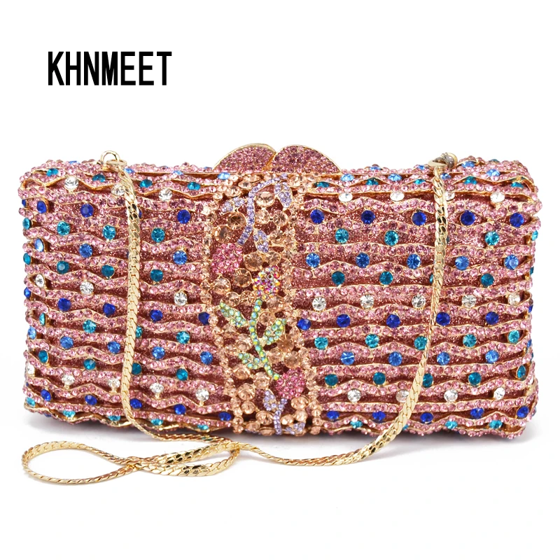 KHNMEET Вечерние сумки с розовым бриллиантом и кристаллами Модные дизайнерские клатчи Сумки на цепочке через плечо SC797